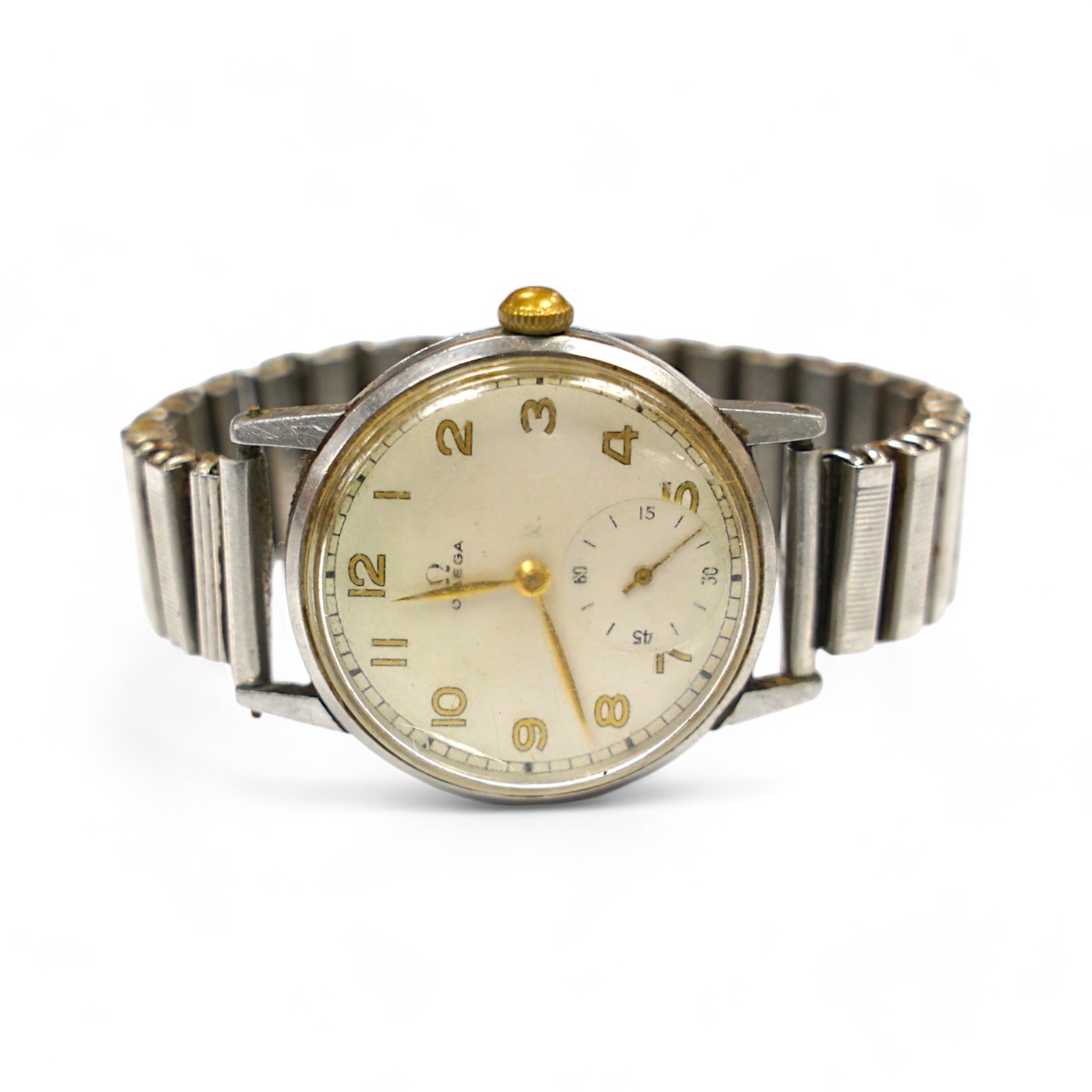 A gentleman's early 1940's steel Omega manual wind wrist watch, on an associated flexible strap, case diameter 34mm. Condition - poor